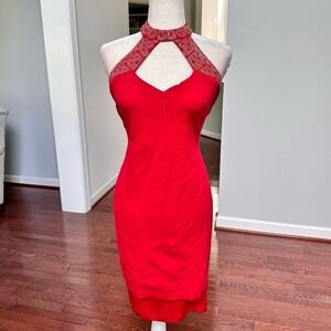 Vintage Y2K Cache Sexy Red Gold studded Rhinestoned Bandage Bodycon Dress